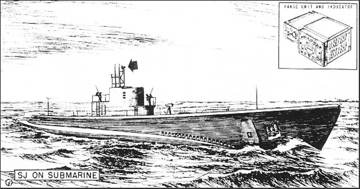 A sailor operating an old submarine radar and control console, surrounded by dials and instruments