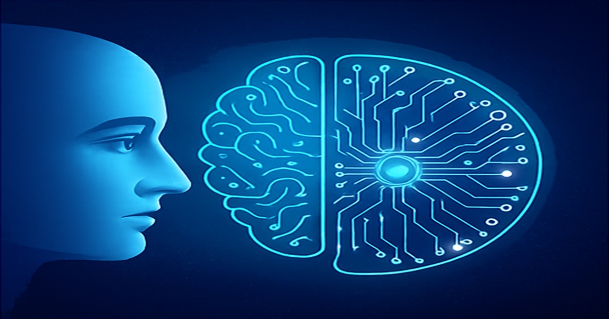 Abstract illustration of human and artificial intelligence merging